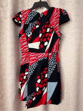 Geometric Red & Black Cap-Sleeve Mini Dress